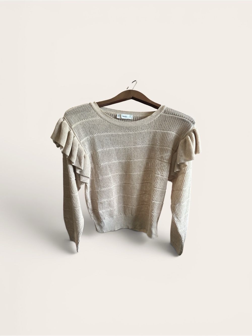 MNG Mango Tan Mesh Ruffled Sheer Sweater Long Sleeve Blouse Size Medium Preppy